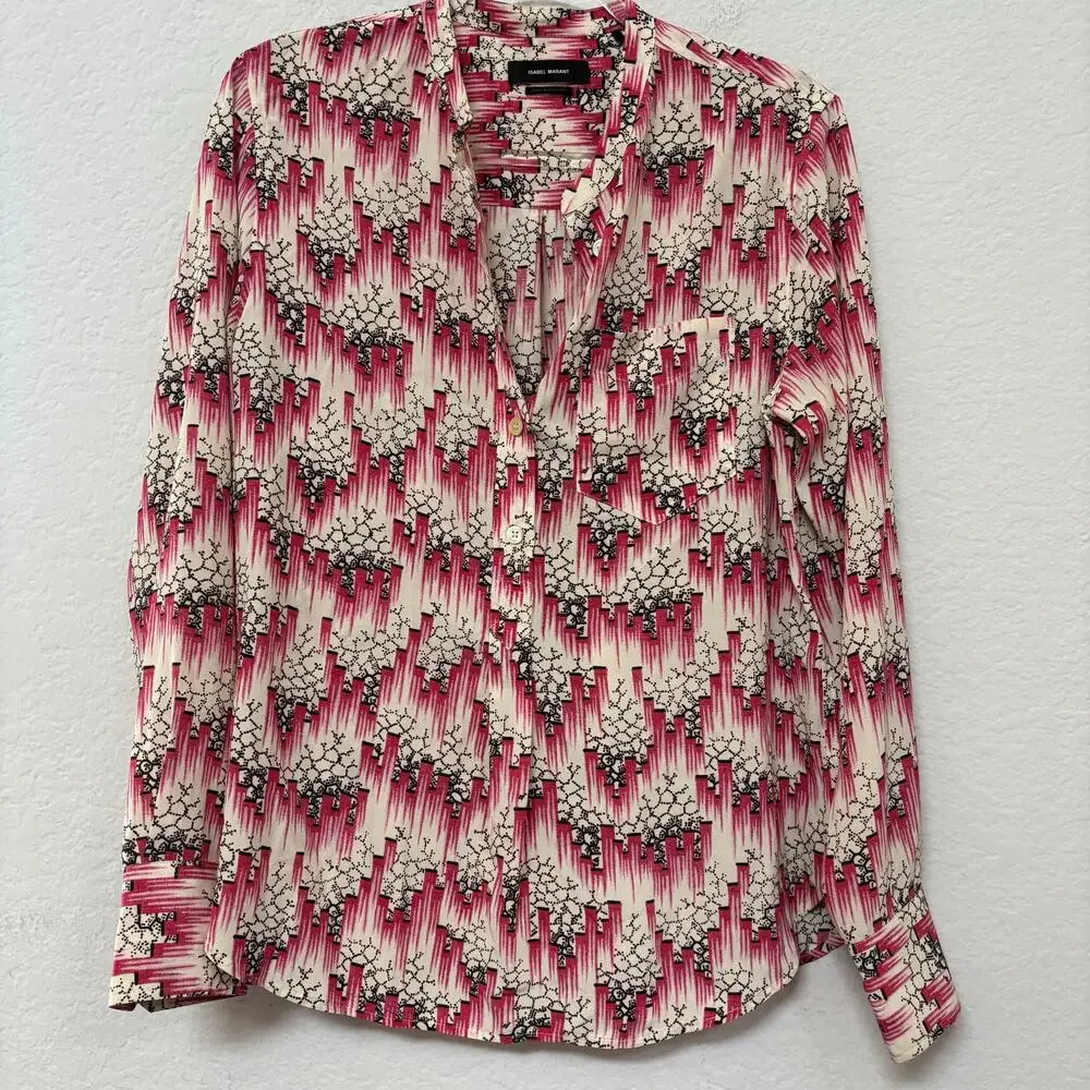 Isabel Marant Amba Printed Silk Blend Popover Shirt Blouse Pink FR 38 / US 6 - Picture 2 of 5